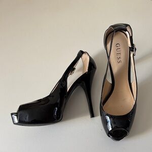 Guess Shiny Black Peep Toe Heels